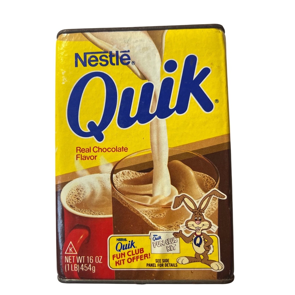 Vintage Nestle Quik Chocolate Powder Tin 16 oz Quik Bunny Fun Club Offer 1980s
